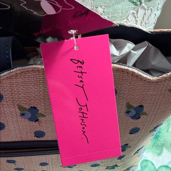 Betsey Johnson Beige blueberry Tote with Blue Floral & Polka Dot Scarf Bow - Picture 7 of 11